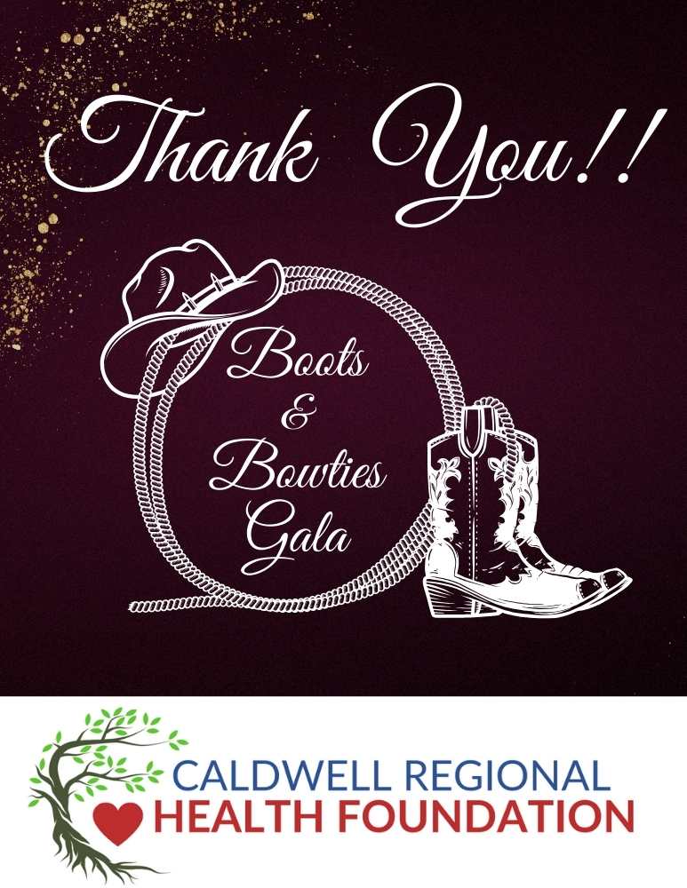 Ad that has a cowboy hat, rope, cowboy boots, and a heart. Thank You! Boots and Bowties Gala