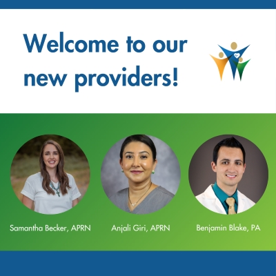 Ad of three Medical Professionals smiling. Samantha Becker, APRN, Anjali Girl, APRN, and Benjamin Blake, PA